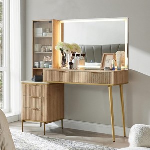 Fluted Makeup Vanity Tables with 36" HD Lighted Mirror, 48" Big Modern Vanity Desk with Glass Top & 5 Drawers & Shelves, Dressing Table - 1 of 4