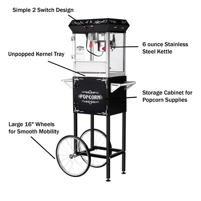 Black Stainless Steel Popcorn Machine with Cart and Heated Tray