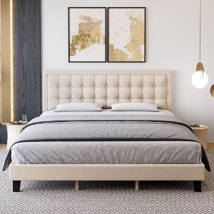Button Tufted Upholstered Headboard Bed Frame, Sturdy Metal Foundation with Wood Slats, No Box Spring Needed, Platform Design for Bedroom. - 1 of 4