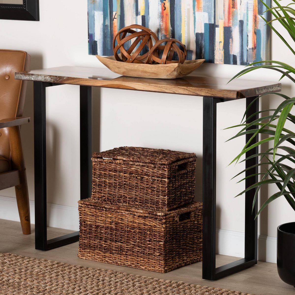 bali & pari Apio Wood Epoxy Resin Console Table with Glass Inlay Natural Brown/White/Black - thumbnail 6