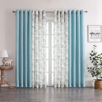 Kate Aurora Biscayne Bay Floral 4 Piece Coordinating Deluxe Flax Styled Sheer Grommet Top Curtains