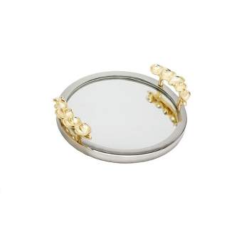 Classic Touch Round Mirror Tray with Silver Border and Gold Leaf Design Ornament on Handle 16"D
