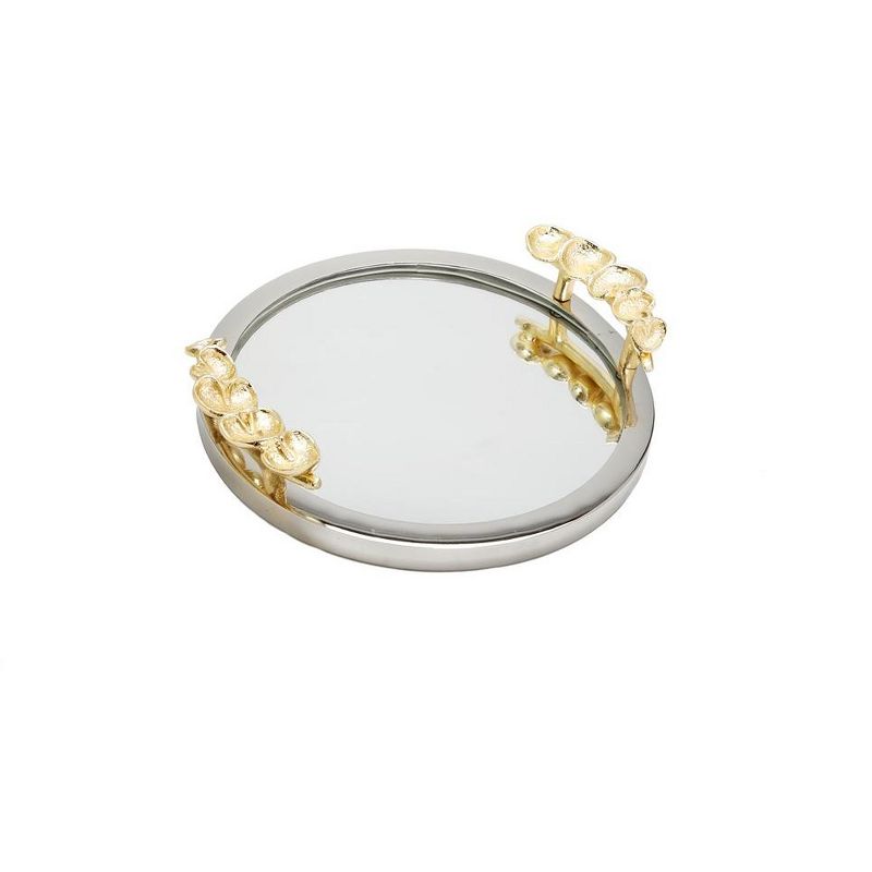 Classic Touch Round Mirror Tray with Silver Border and Gold Leaf Design Ornament on Handle 16"D, 1 of 3