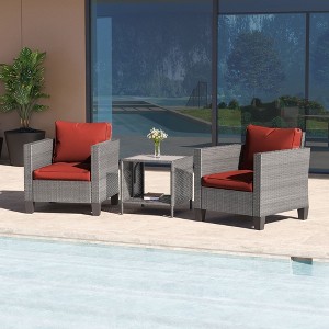 Sonkuki 3-Piece Patio Sofa Set Wicker Furniture Set Brown/Gray Rattan with Side Table - 1 of 4