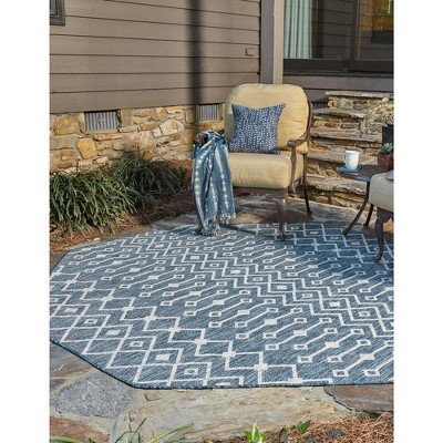 Blue and Gray Octagon Synthetic Trellis Outdoor Rug