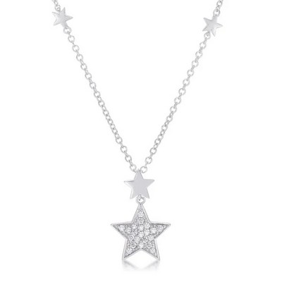 ShineHigh Rhodium-Plated Star Pendant Necklace with .32 Ct Sparkling Cubic Zirconia and Dainty Accent Stars – Twinkling Celestial Jewelry for Women