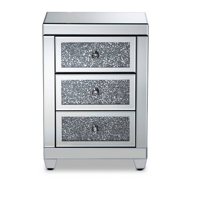 Elegant Ralston Mirrored 3-Drawer Nightstand with Crystal Accents