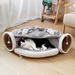 LOVSON Foldable Cat Tunnel Bed, designed for indoor cats, cat hideaway tunnel with hanging toy and soft cushion, washable, gray - 1 of 4