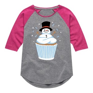 Girls' - Instant Message - Snowman Cupcake Shirt Tail Raglan Graphic T-shirt - 1 of 3
