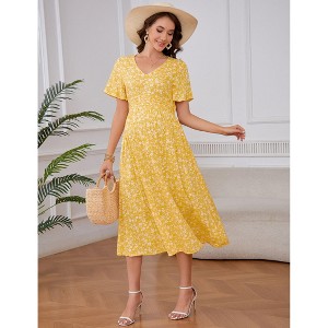 Womens Maternity V Neck Short Sleeve Pleated Waist Pocket Baby Shower Midi Dress - 1 of 4
