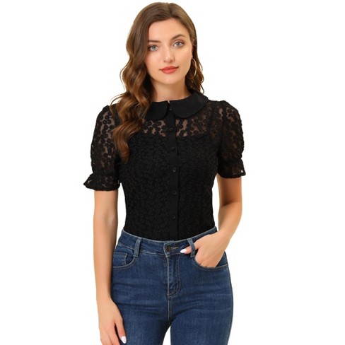 Allegra K Women's Embroidered Mesh Peter Pan Collar Sheer Short Sleeve  Blouses Black X-small : Target