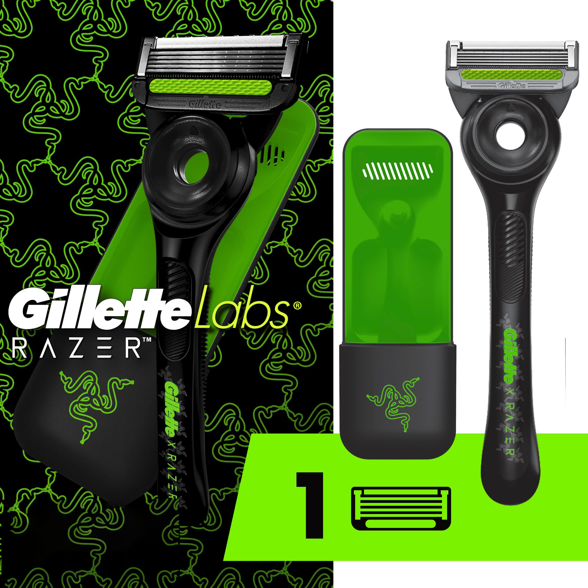 GilletteLabs Limited Black Men's 5 Blade Reusable Razor Handle with Refill and Case