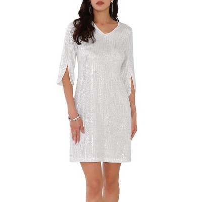 INSPIRE CHIC Women's Sequin Split 3/4 Sleeves V-Neck Mini Dress