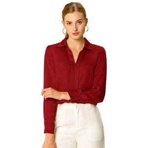 INSPIRE CHIC Women's Elegant V Neck Long Sleeve Office Work Satin Shirt - 1 of 4