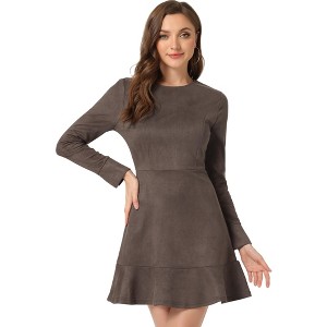 INSPIRE CHIC Women's Regular Fit Faux Suede Crew Neck Long Sleeve Ruffled Hem Mini Dress - 1 of 4