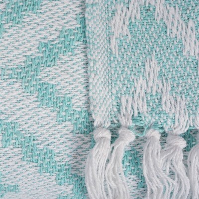 Aqua Chevron Cotton Throw Blanket with Fringe
