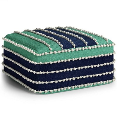 Judith Square Woven PET Polyester Pouf Aqua/Navy/White: UV-Resistant, No Assembly - WyndenHall