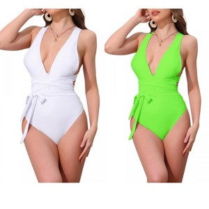 INSPIRE CHIC Women's Deep V Neck Criss Cross Tummy Control High Cut Swimwear Monokini Bikini Suits 2 Sets - 1 of 4
