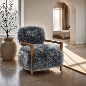 Sapphtopaz Modern Faux Fur Accent Chair with Raked Back & Wooden Arms Upholstered Comfy Bedroom Chair Soft Armchair for Living Room, Bedroom - 1 of 4