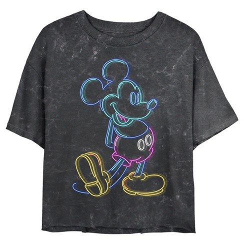 Juniors Womens Mickey & Friends Bright Neon Mickey Mouse Outline Mineral  Wash Crop T-shirt - Black - Large : Target