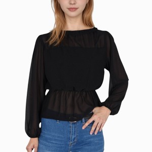 Anna-Kaci Women's Sheer Yoke Long Sleeve Blouse with Ruffle Neckline and Cinched Waist Detail - 1 of 4