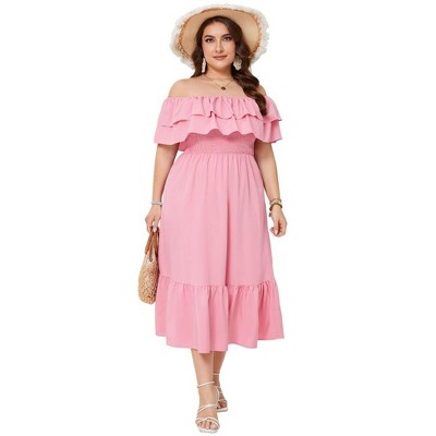 Women Plus Size Off Shoulder Maxi Dress Ruffle Flowy Casual Summer Boho Long Dresses