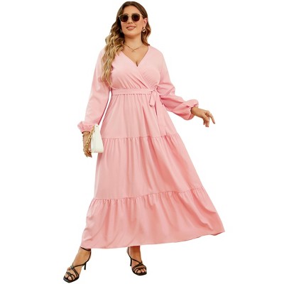 Women Plus Size V Neck Wrap Maxi Dress High Waist Ruffle Summer Casual Dress with Belt Long Sleeve,navy blue yellow flower