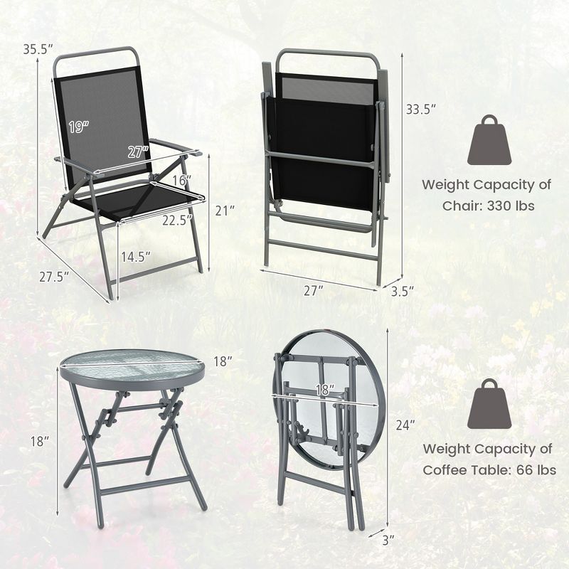 Tangkula 3 Piece Patio Folding Chair Set w/ Coffee Table & Extra-Large Seat Porch Backyard Poolside, 4 of 10