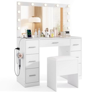 Costway Vanity Desk with Mirror and Lights Storage Stool Power Outlets 3 Lighting Colors - 1 of 4