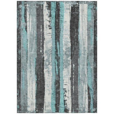 Teal Blue And Gray Striped Washable Indoor Outdoor Area Rug