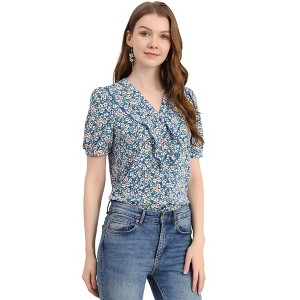 Allegra K Women's Summer Short Sleeves V Neck Ruffle Floral Button Down Shirt - 1 of 4