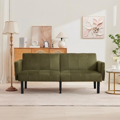 75.5” Convertible Futon Sofa Bed, Linen Flannel Small Couch Sofa with Wood Legs & 700lbs Capacity, Adjustable Folding Loveseat