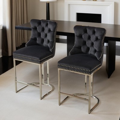 Counter Height Bar Stools Set of 2, Velvet Upholstered Barstools with Sturdy Metal Base Legs, Button Tufted and Nailheads Trim - Leovsnove
