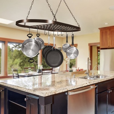 Bronze Oval Metal Ceiling Pot and Pan Rack with Hooks
