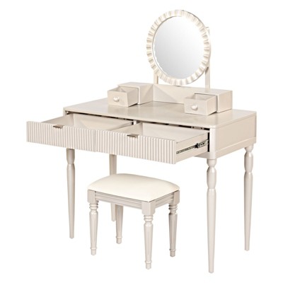 AZL1 Life Concept Vanity Table Luxury with Height-Adjustable Round Mirror 4 Drawers and Stool Set Champagne for Bedroom, Offwhite, 42"*24"*12.5"