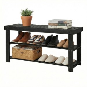 Black Long Shoe Bench for Entryway, 3 Tier Bamboo Shoe Rack Bench with ...