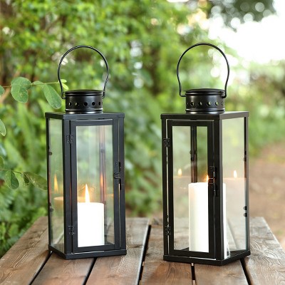Black Iron and Glass Hanging Candle Lantern Set