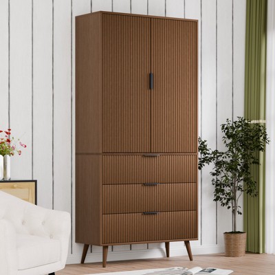 FURNIinspire Utility Storage Cabinets, 2 Doors Large Storage Cabinet With 3 Drawer, Kitchen, Living Room, Bathroom, Walnut Color, 15"*31.5"*71"
