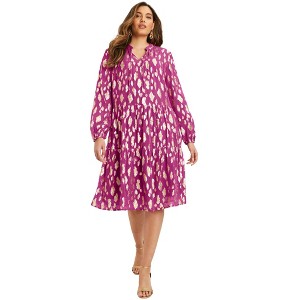 June + Vie by Roaman's Women's Plus Size Coraline Metallic Print Georgette Dress - 1 of 4