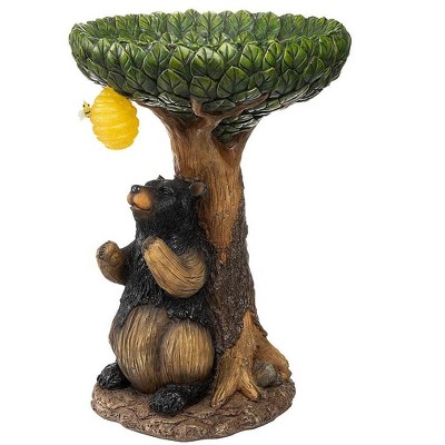 Bear Tree Stump Birdbath With Solar Beehive And Bee