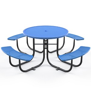 COWLOWN Blue 46" Outdoor Round Steel Picnic Table, Stable Frame, Built - in Umbrella Pole for Shaded Relaxation - 1 of 4