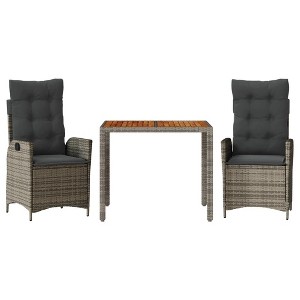 vidaXL 3 Piece Patio Dining Set with Cushions - Poly Rattan Reclining Seats & Acacia Wood Table - Adjustable Backrest - Gray - 1 of 4