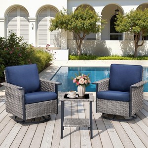 Buenhomino 3 Pieces Outdoor Wicker Swivel Rocker Patio Set, Swivel Rocking Chairs Wicker Patio Set with Cushions and Armored Glass Top Side Table - 1 of 4