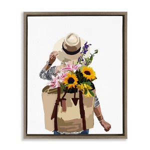 Stupell Industries Woman Carrying Floral Backpack Floating Frame Canvas Art, Brown, 25" x 31" - 1 of 4