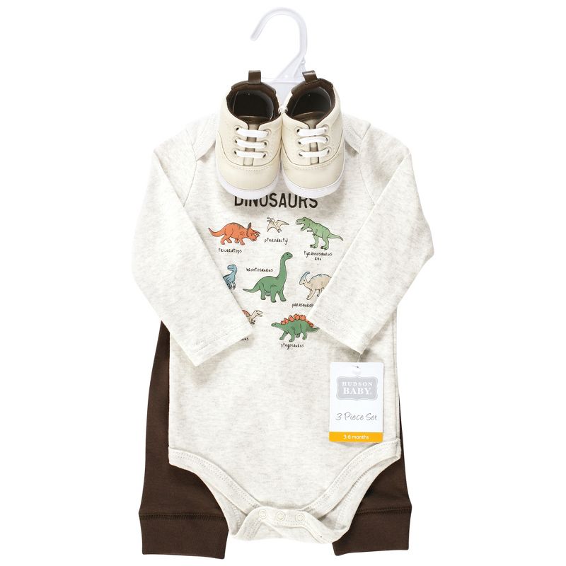 Hudson Baby Infant Boy Cotton Long-Sleeve Bodysuit, Pant and Shoe Set, Dinosaur Adventures, 2 of 6