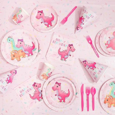 Blue Panda Serves 24 Pink Baby Dinosaur Party Supplies, Dino Disposable Dinnerware, Tablecloth, Paper Plates, Napkins, Cutlery for Girls Birthday