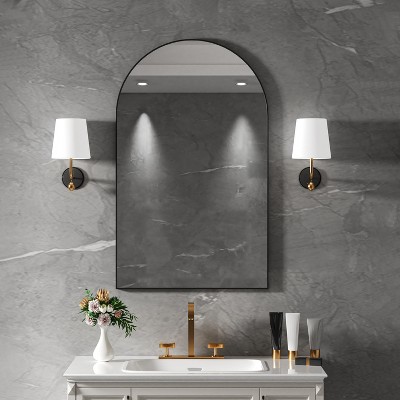 FAMYYT 22 in. W x 36 in. H Arched Aluminum Framed Wall Bathroom Vanity Mirror in Glossy Black