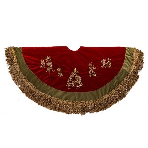 Kurt Adler 50" Burgundy Ribbon Trees Tree skirt with Green Tassel Border - 1 of 4