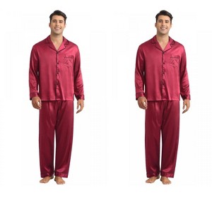 INSPIRE CHIC Men's 2 Pack Button Down Long Sleeve Casual Satin Pajamas Sets - 1 of 4