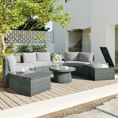 10-Piece Outdoor Sectional Half Round Patio Rattan Sofa Set, PE Wicker Conversation Furniture Set for Free Combination - ModernLuxe